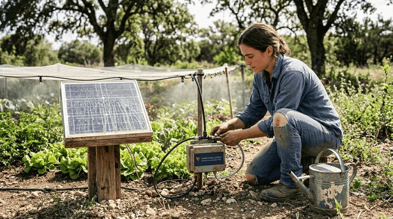 Tipos De Soluciones Planetarias Para Tierra Y Marte 2026 1 Una mujer supervisa y ajusta el sistema de riego en su cultivo, combinando métodos tradicionales y modernos para optimizar el uso del agua.