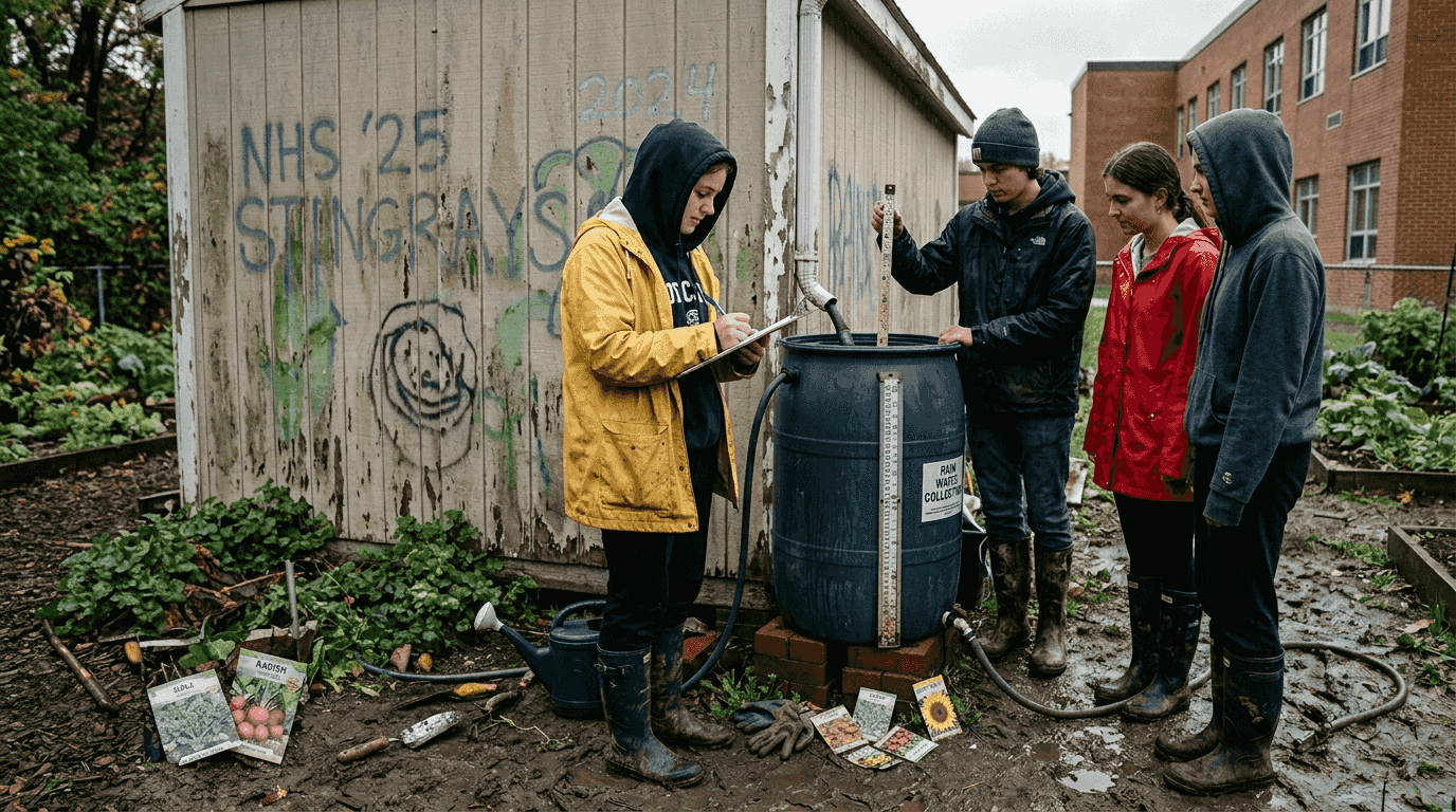Why Reimagine Sustainability Education For 2026 Impact 2 Students measuring rainwater in school garden