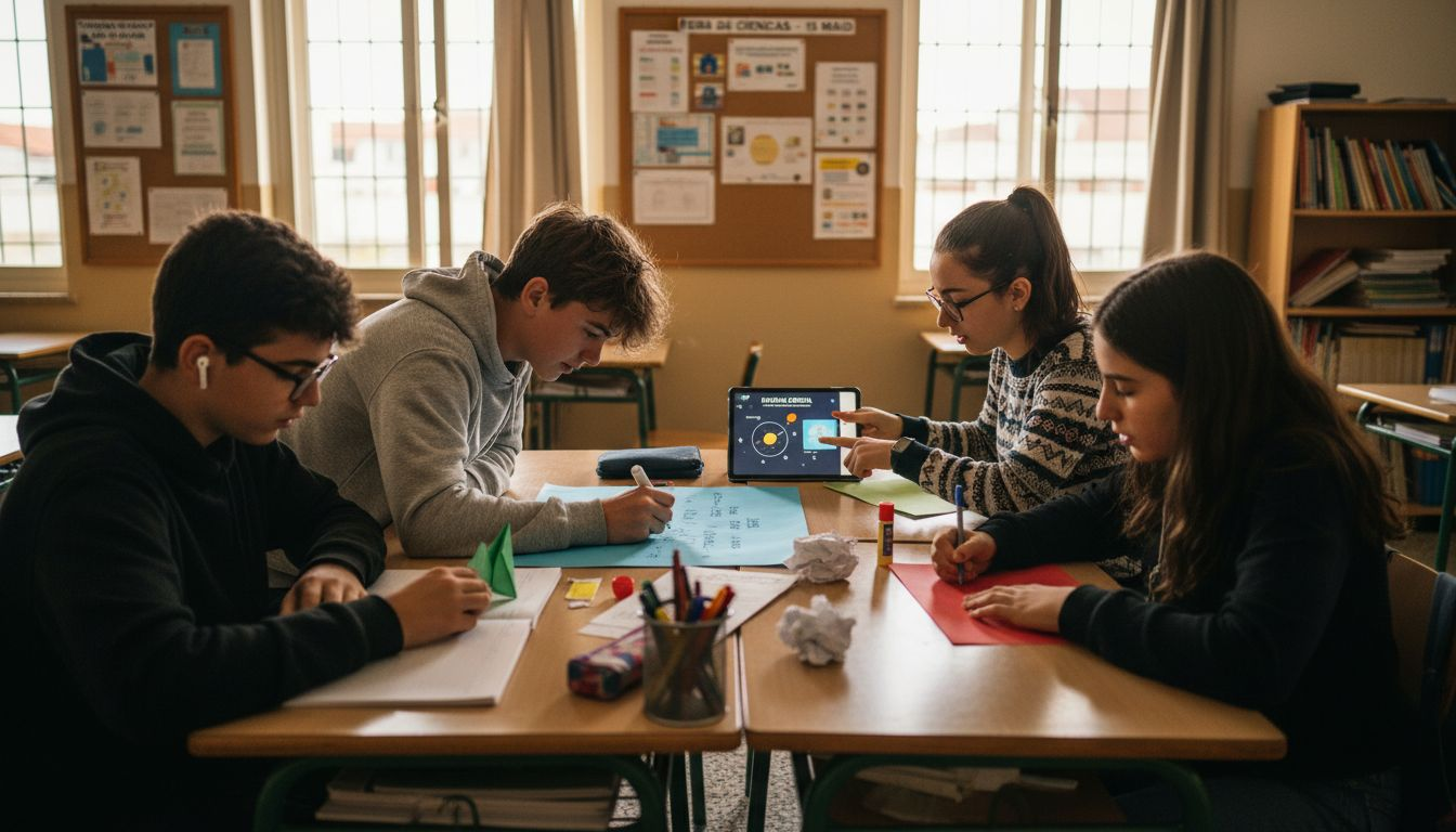 Jovens a trabalhar em conjunto num projeto da escola