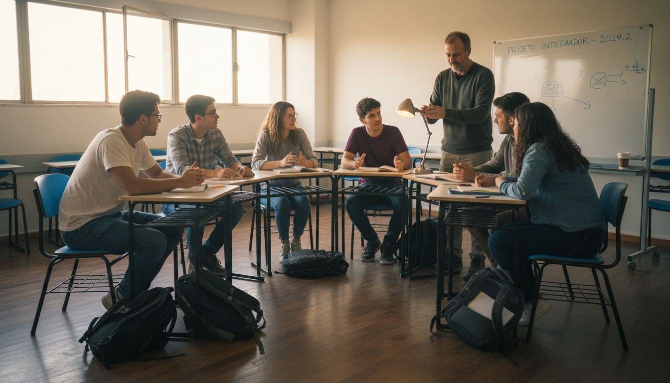 Guia Aprendizagem Por Desafios: Transforme Ensino Em 2026 1 Os alunos discutem temas em sala organizada para trabalho em grupos.