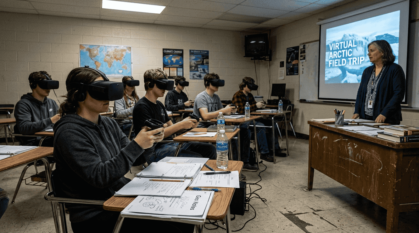 Students on classroom VR climate field trip