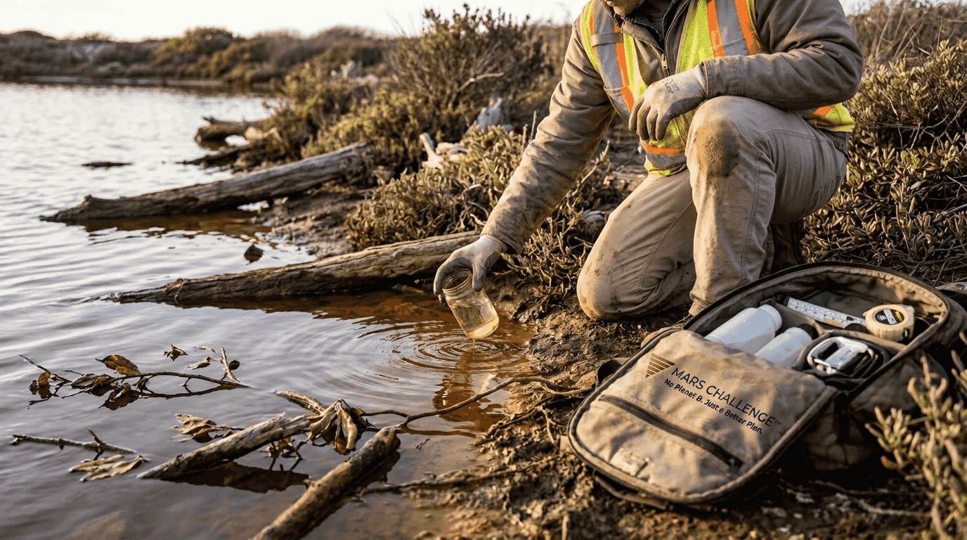 Ejemplos De Soluciones Para La Tierra: Innovación 2026 1 Recolectando muestras en una laguna restaurada con proceso de oxidación