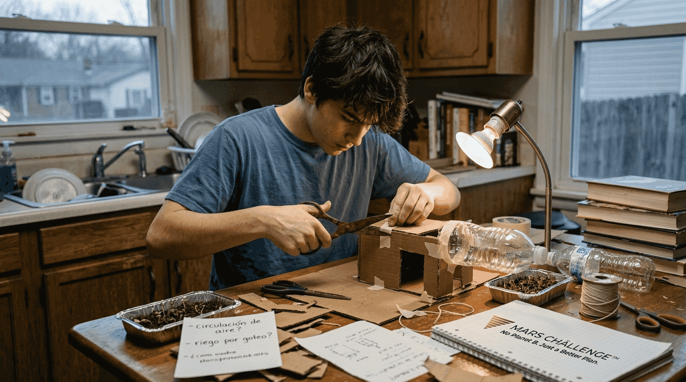 Proceso De Innovación Planetaria: Guía Jóvenes 2026 2 Chico creando prototipos con cosas que tiene en casa