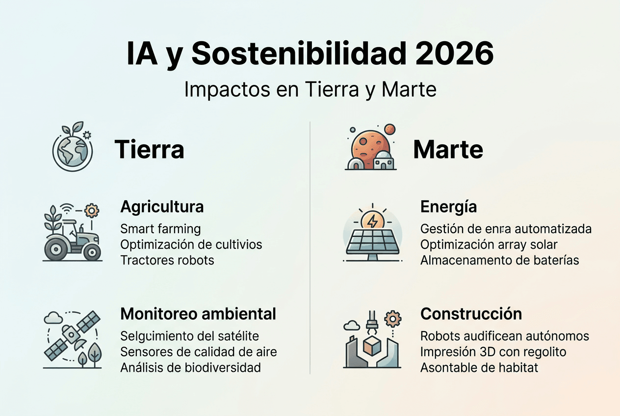 Descubre El Rol De La Ia En Sostenibilidad Para Tierra Y Marte 2026 1 Infografía sobre el papel de la inteligencia artificial en la sostenibilidad, tanto en la Tierra como en Marte