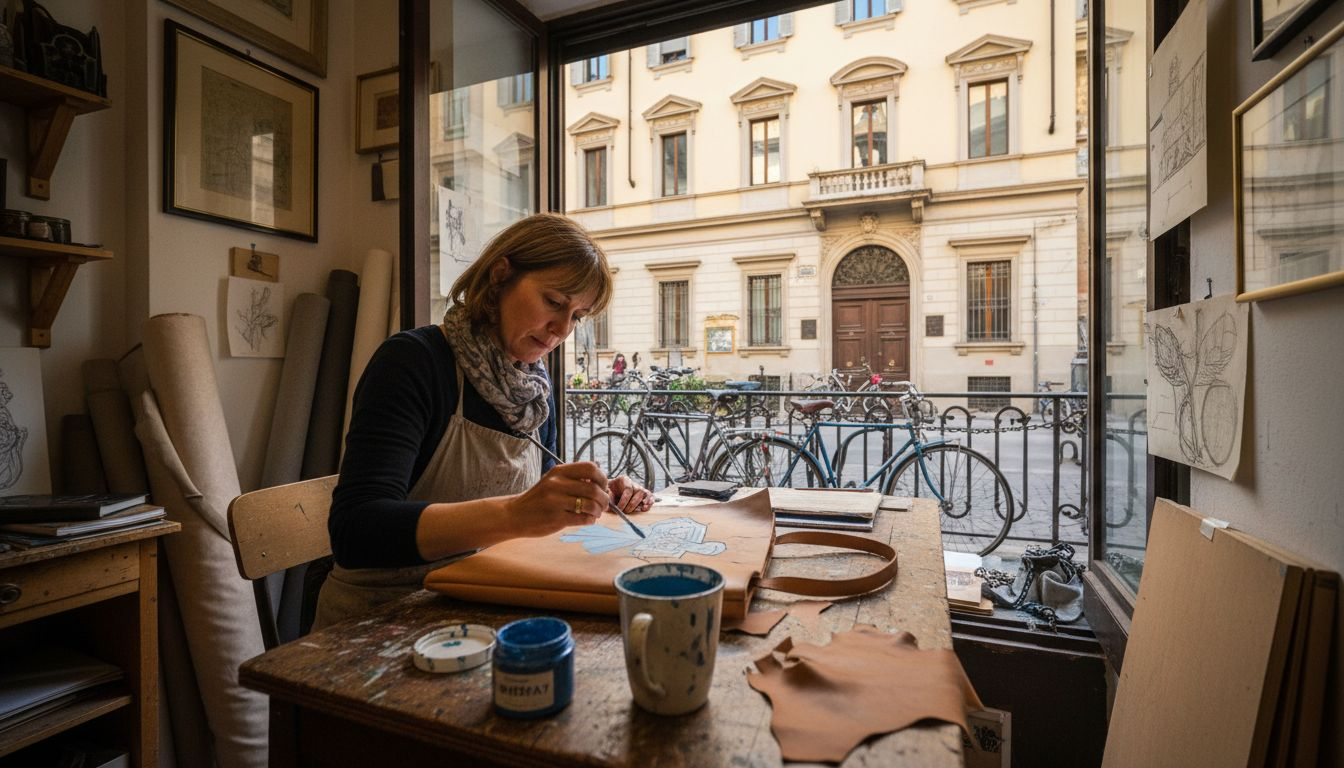Una donna personalizza una borsa a mano nel suo laboratorio artigianale.