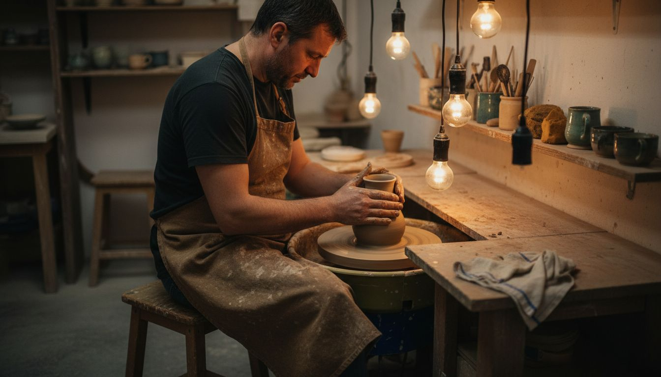 Un artigiano modellando l’argilla al tornio nel suo laboratorio di ceramica.
