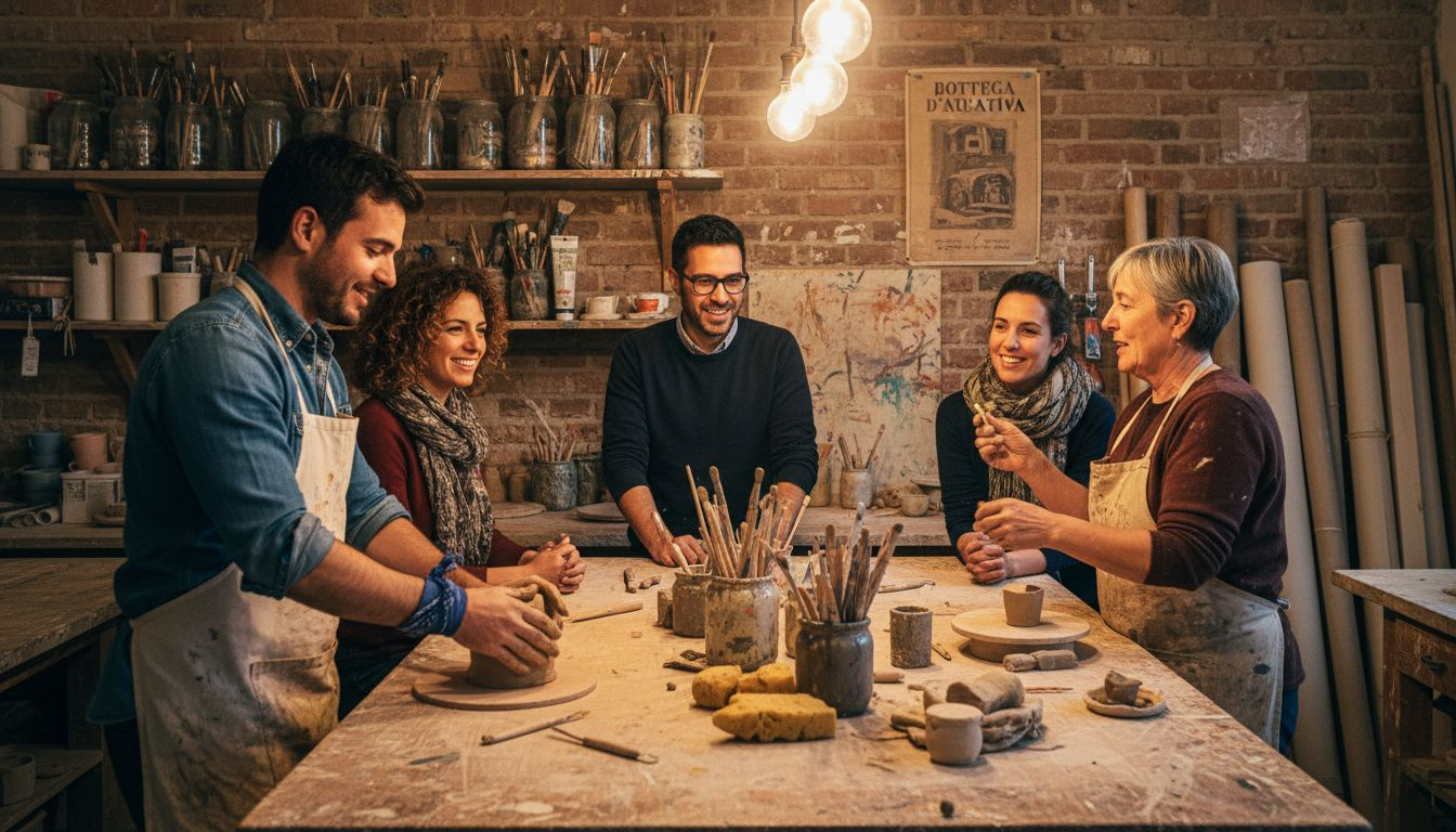 Un gruppo di adulti che partecipa a un laboratorio creativo di arte, condividendo idee e sperimentando nuove tecniche insieme.