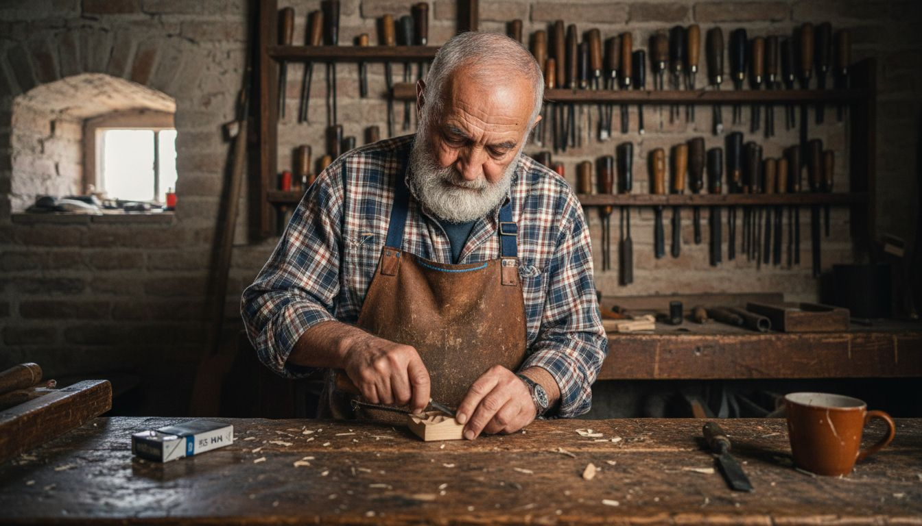Nella sua antica bottega, un maestro artigiano dà vita al legno scolpendolo con passione e maestria.