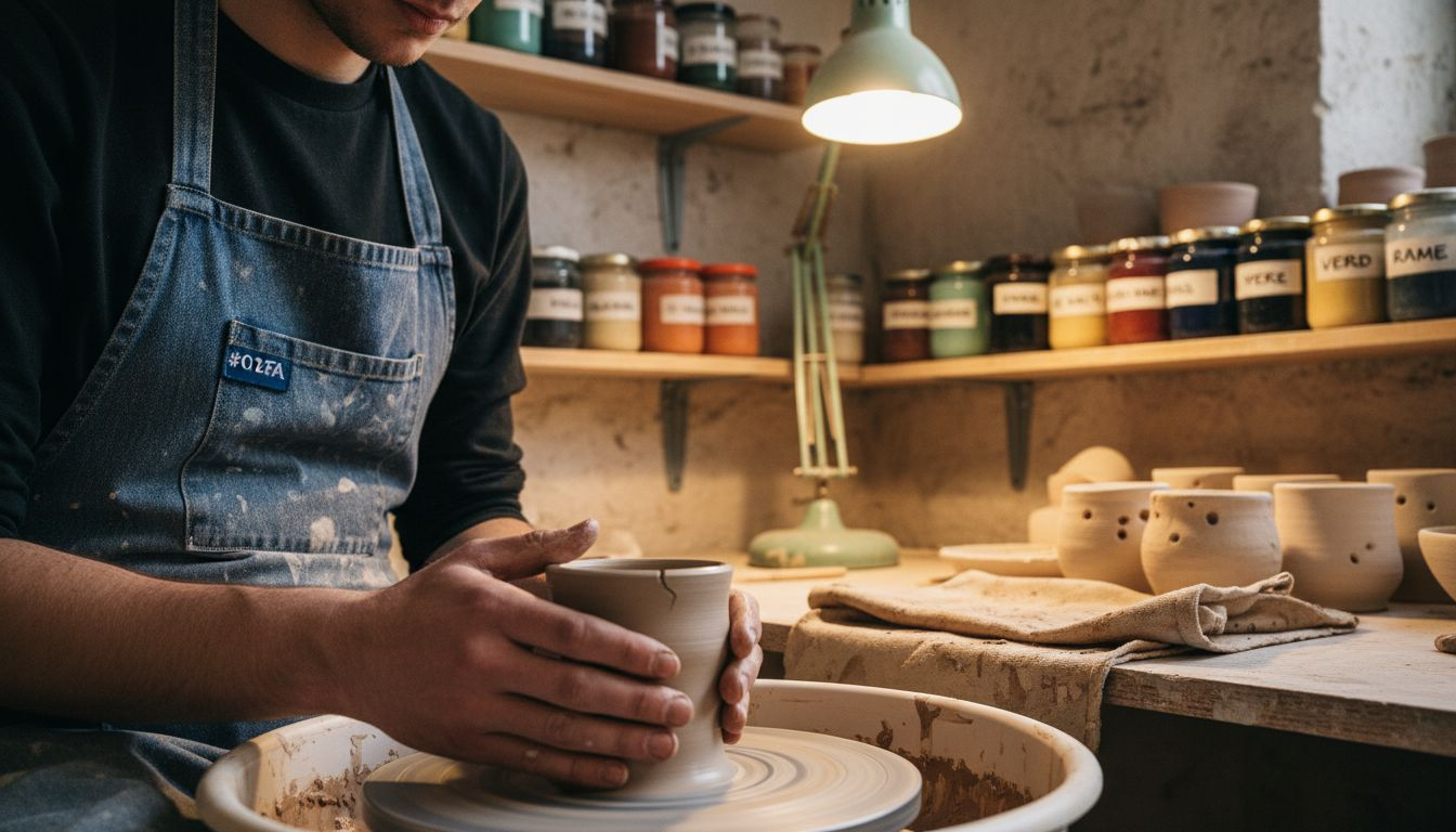 Le mani di un artigiano danno forma a una tazza d’argilla mentre gira sul tornio.