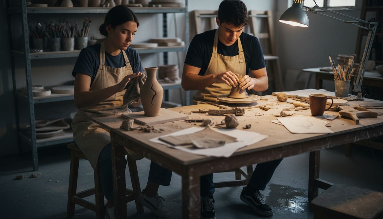 Gli studenti si dedicano alla lavorazione della ceramica durante le attività di laboratorio.