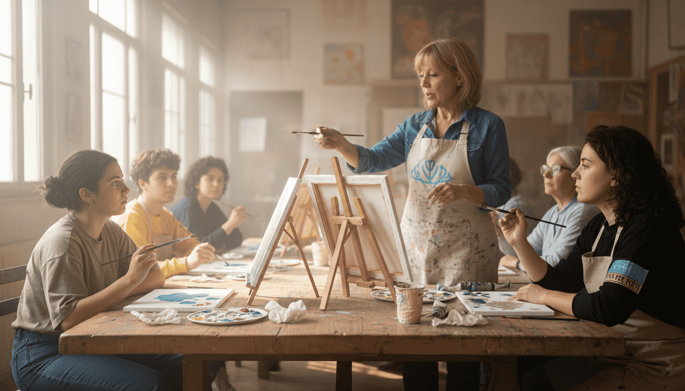 Un gruppo di principianti segue con attenzione la lezione di pittura tenuta dall’insegnante.