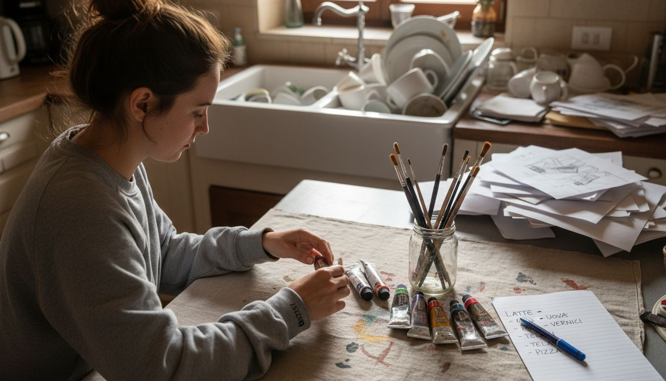 Una donna si sta dedicando ai preparativi per un laboratorio creativo, organizzando tutto il necessario per le attività artistiche.