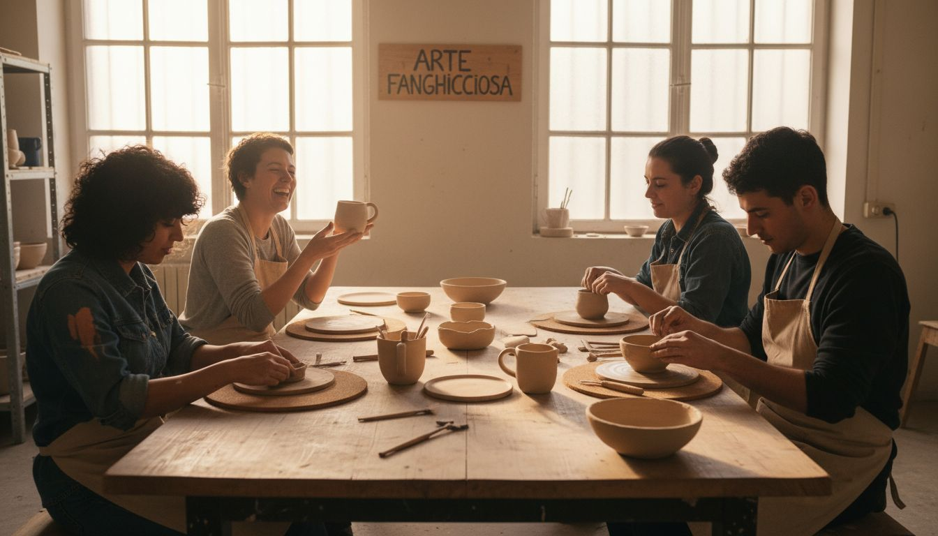 Il team si cimenta nella modellazione dell’argilla durante un laboratorio di ceramica, dando vita a creazioni uniche e divertendosi insieme.