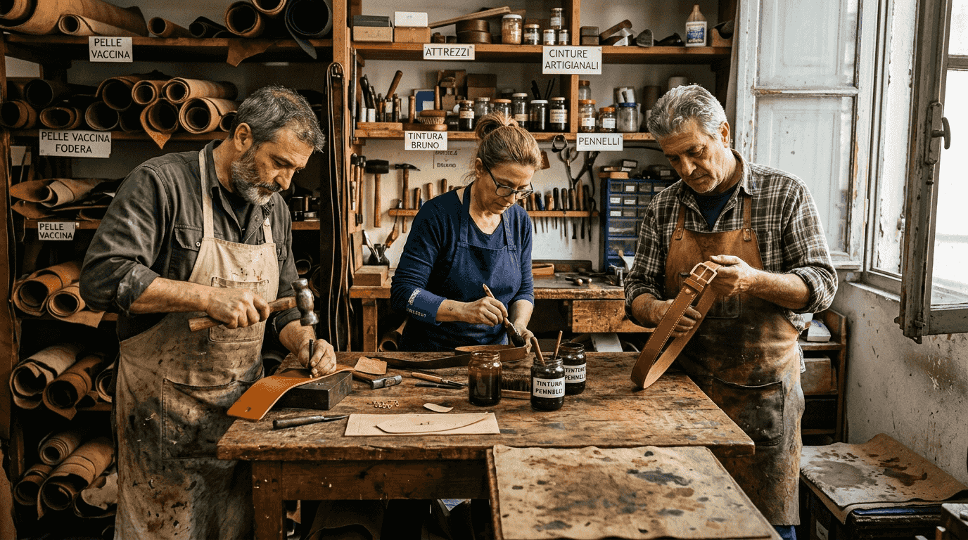 I partecipanti lavorano insieme durante il laboratorio di lavorazione della pelle, condividendo idee e tecniche artigianali.