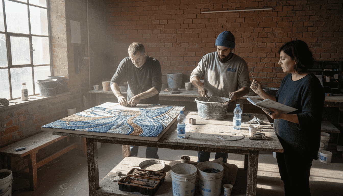 Un gruppo ristretto di persone lavora insieme alla realizzazione di un mosaico, unendo creatività e collaborazione per dar vita a un’opera d’arte collettiva.