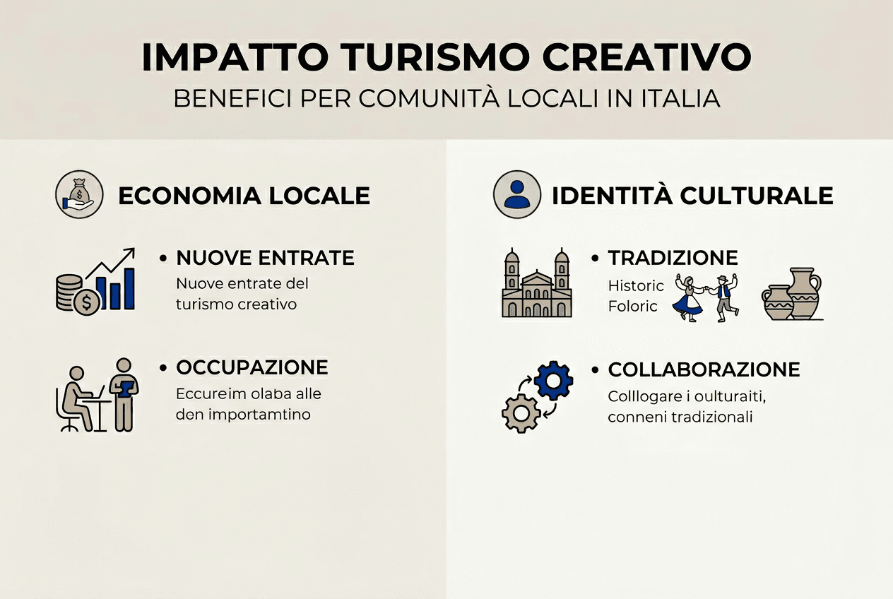 Scopri come il turismo creativo può trasformare e arricchire la vita delle comunità locali: un’infografica che racconta benefici, opportunità e nuove prospettive per territori e abitanti.