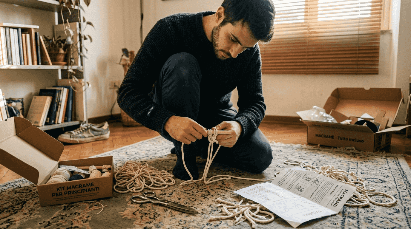 Un uomo si dedica al macramè nel suo salotto