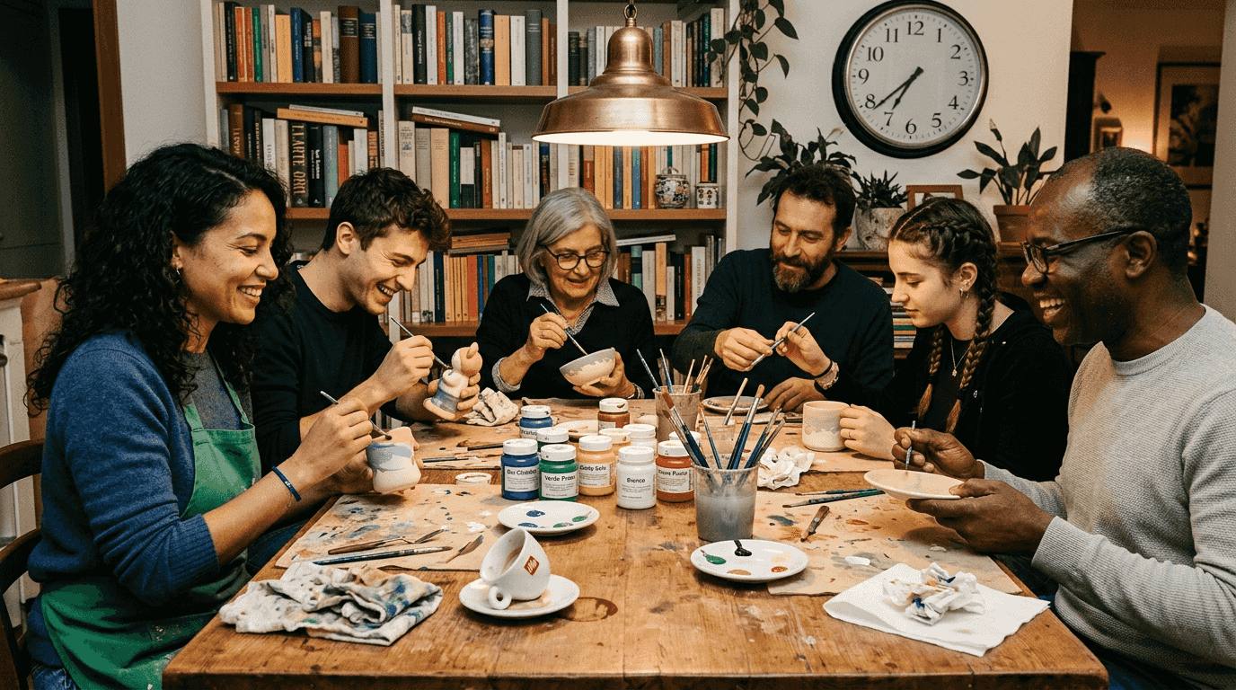 Un gruppo di persone si dedica insieme alla lavorazione della ceramica durante un incontro all’insegna della convivialità.