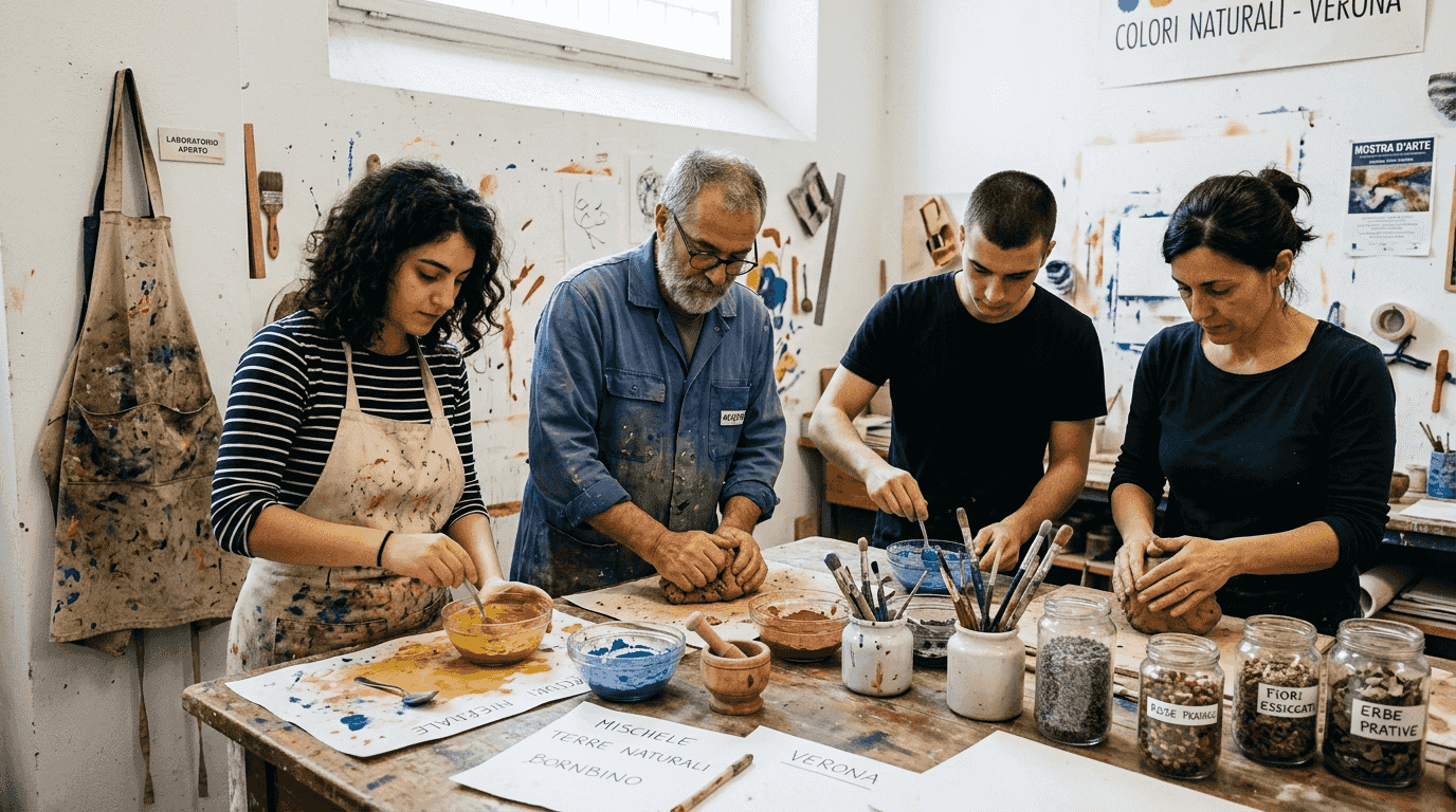 Gruppo di lavoro che esplora nuove tecniche artistiche in laboratorio