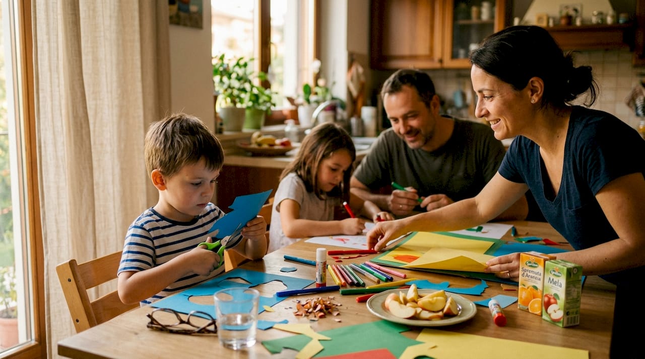 Una famiglia si diverte insieme a realizzare lavoretti creativi con i bambini, tutti riuniti attorno al tavolo.