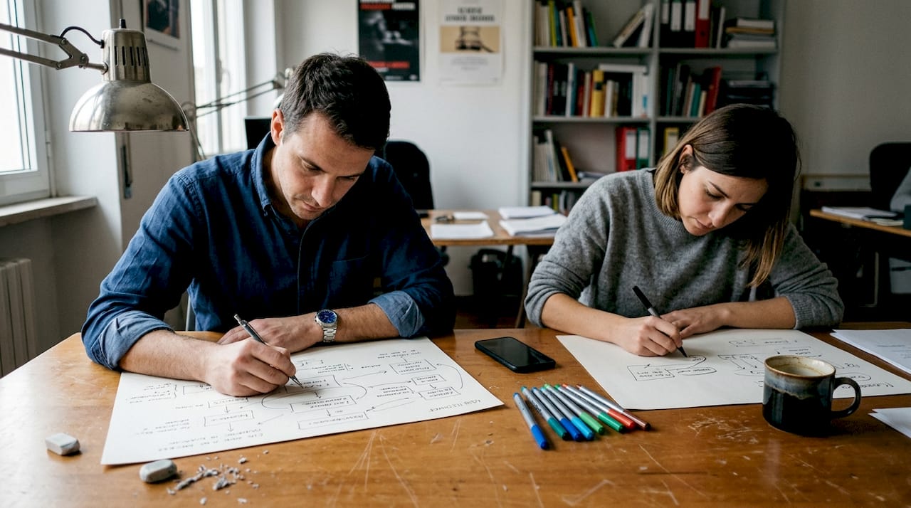Mani all’opera che disegnano nuove idee su carta, immerse nell’atmosfera creativa dell’ufficio.