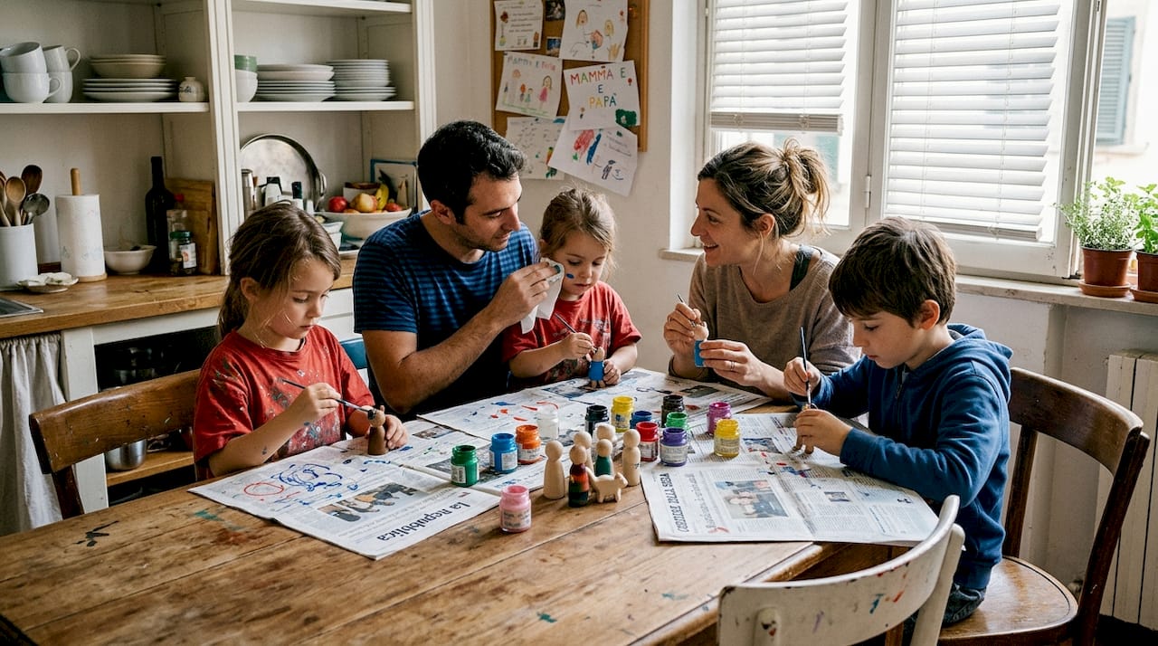 Tutta la famiglia riunita intorno al tavolo della cucina a dipingere insieme e a dare spazio alla creatività.