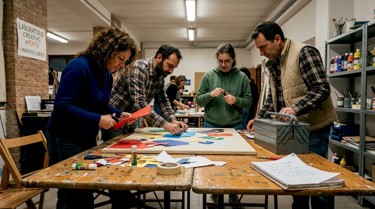 I partecipanti si confrontano e lavorano insieme intorno a un tavolo dedicato alle attività artistiche.