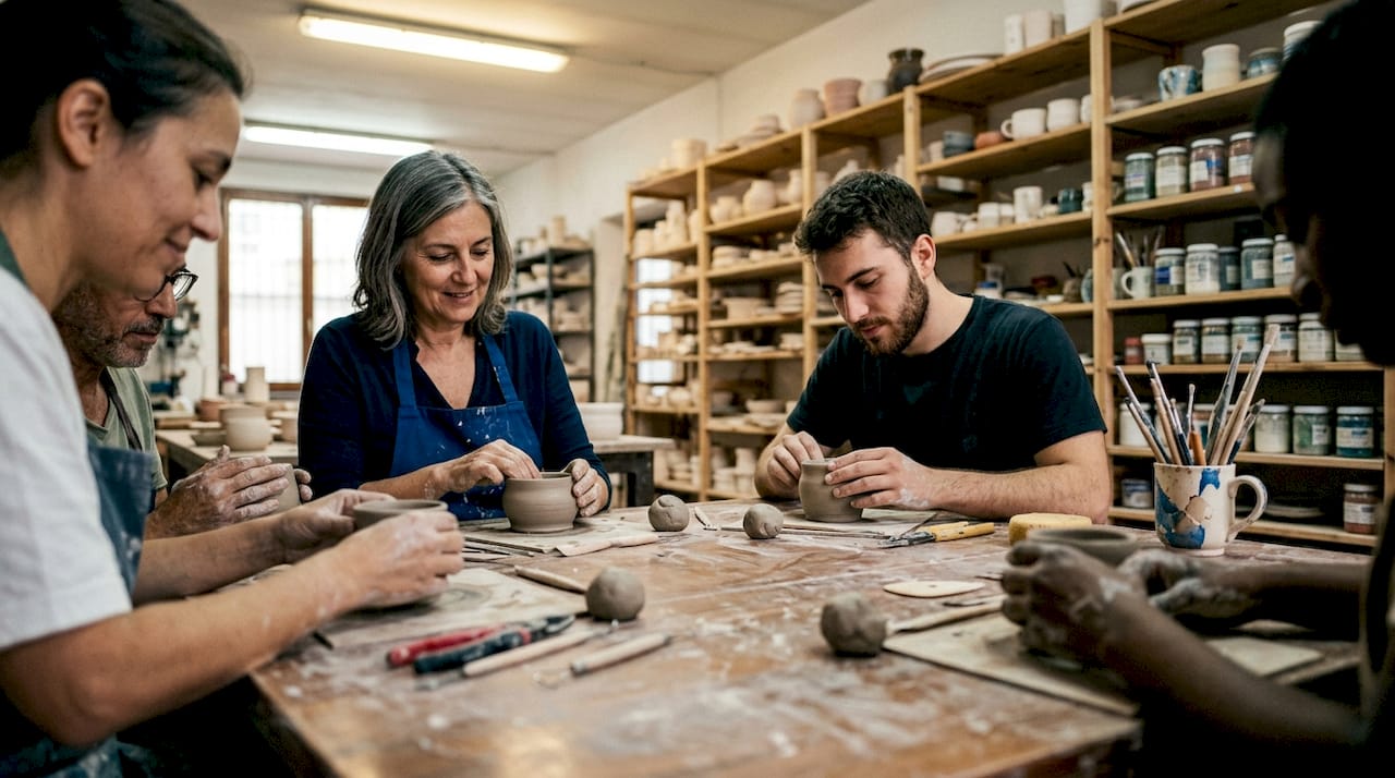 Durante il laboratorio, i partecipanti si cimentano nella creazione di vasi in ceramica, dando libero sfogo alla loro creatività.
