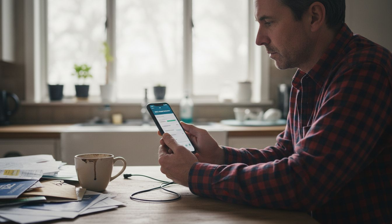 Man uploading ID for KYC on kitchen counter