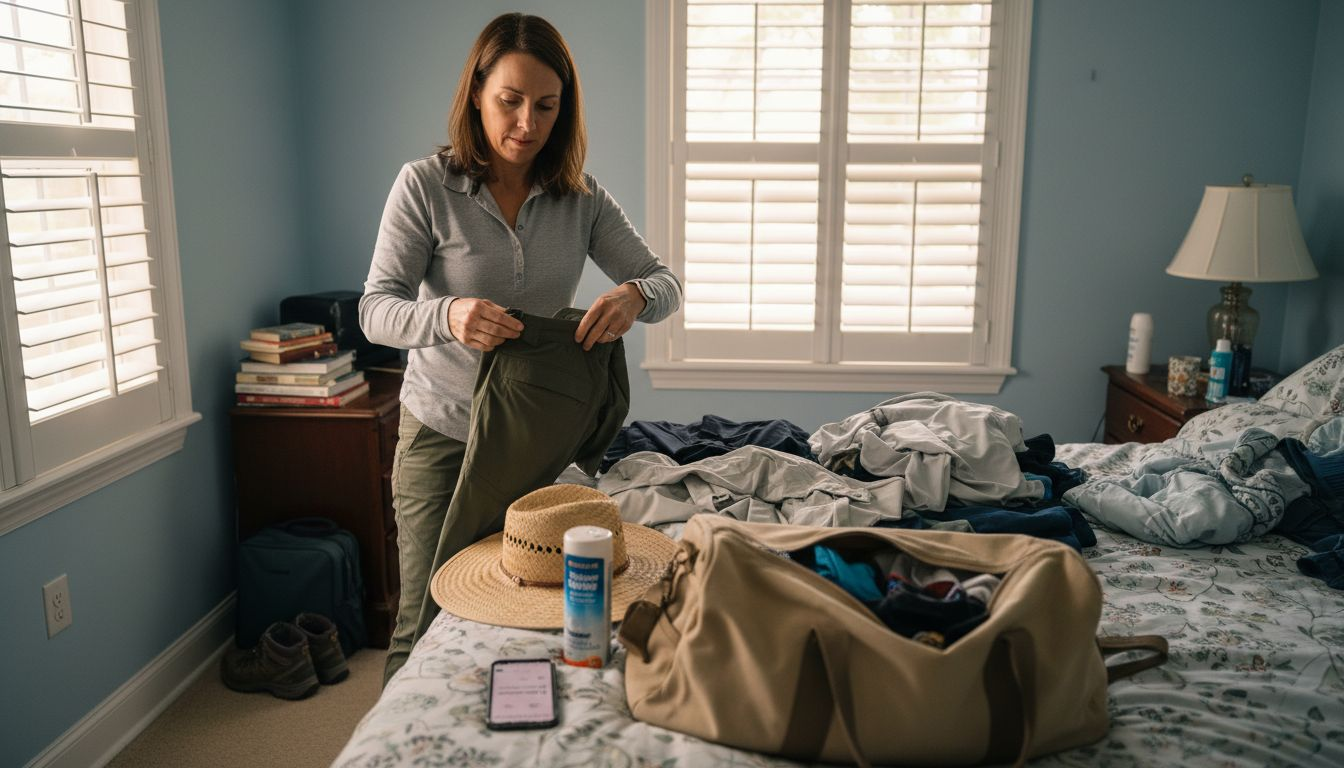 Woman selects coastal clothing for packing