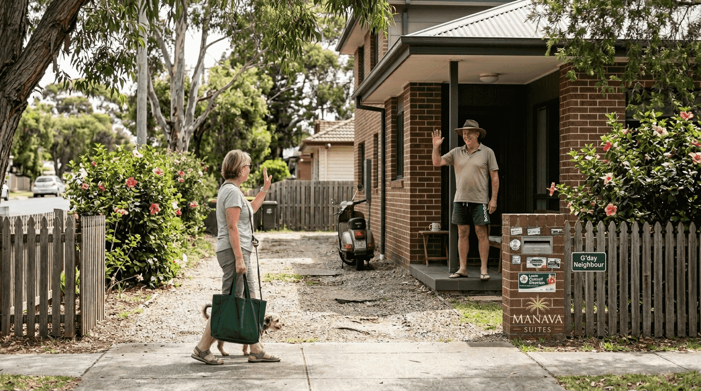 Resident greeting neighbor outside modern apartment