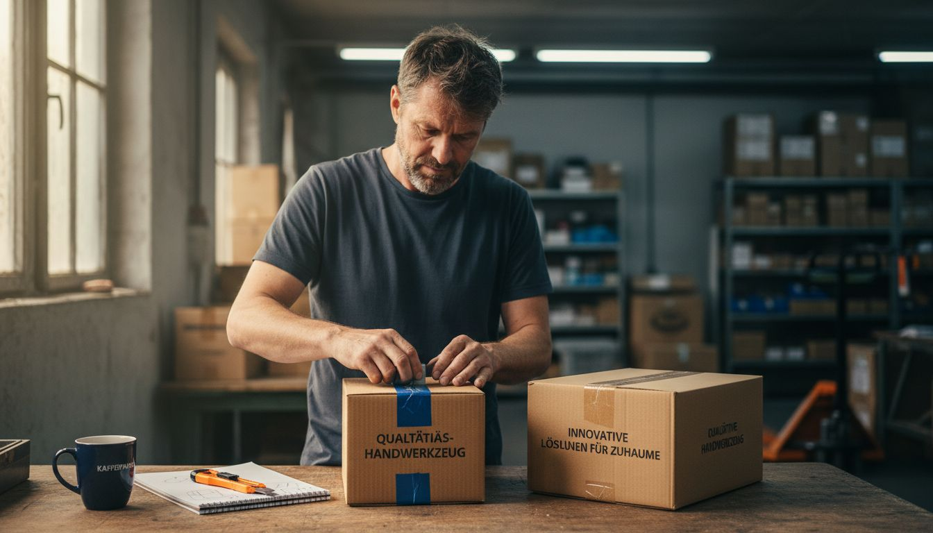 Ein Mitarbeiter kontrolliert an seinem Arbeitsplatz die Verpackungen der Produkte auf ihre Qualität.