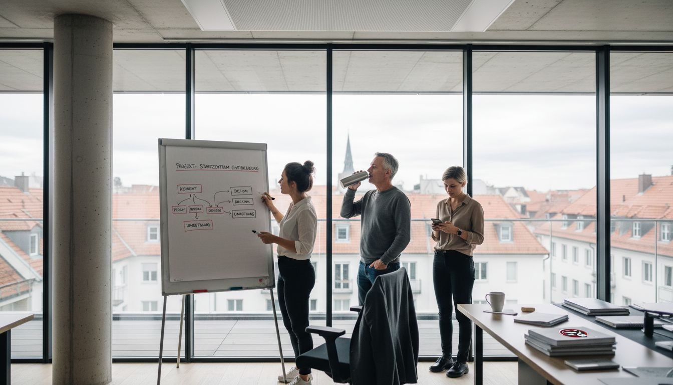 Das Team sammelt am Whiteboard gemeinsam Ideen für mögliche Alleinstellungsmerkmale.