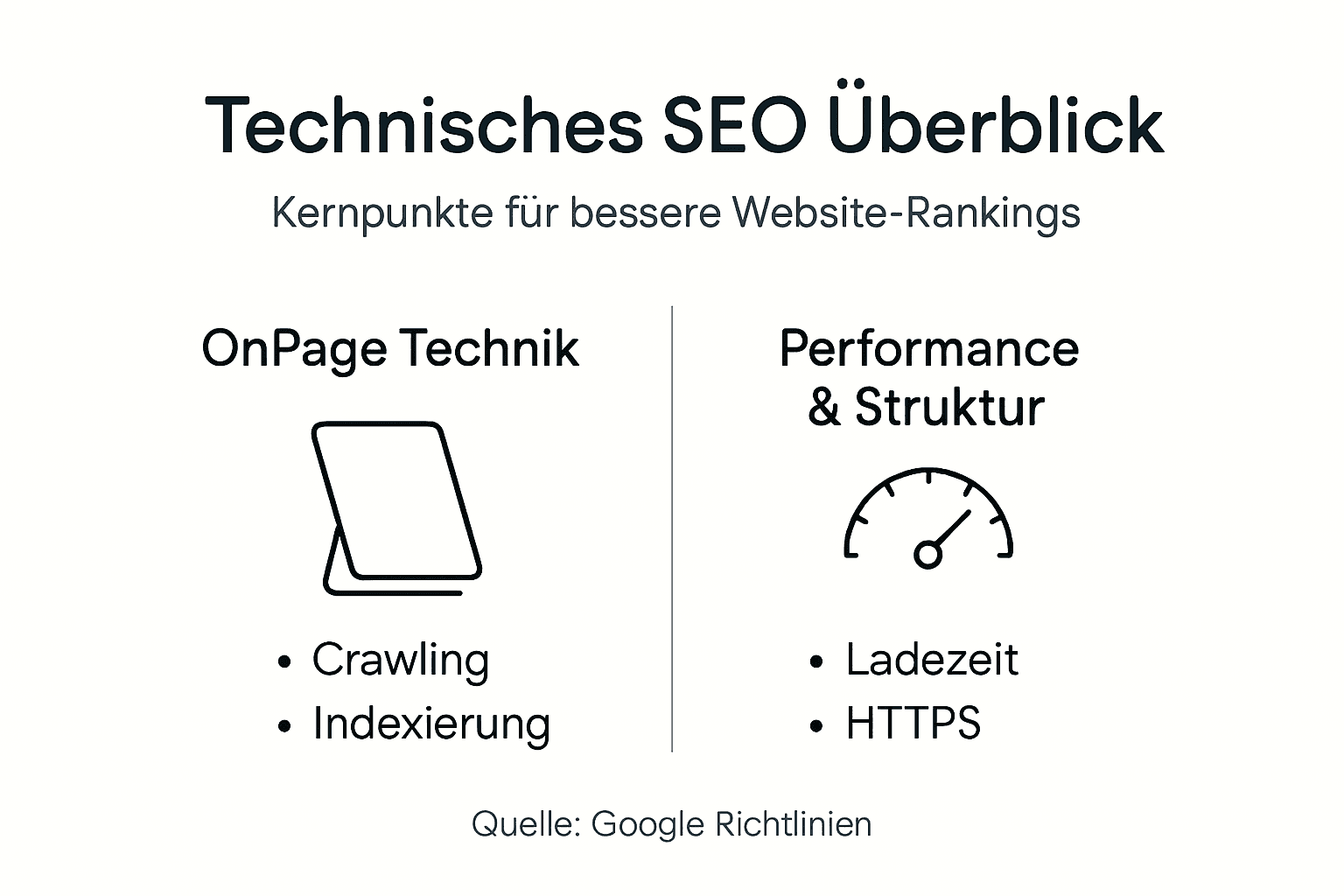 Übersichtsgrafik: Die wichtigsten Bereiche des technischen SEO auf einen Blick