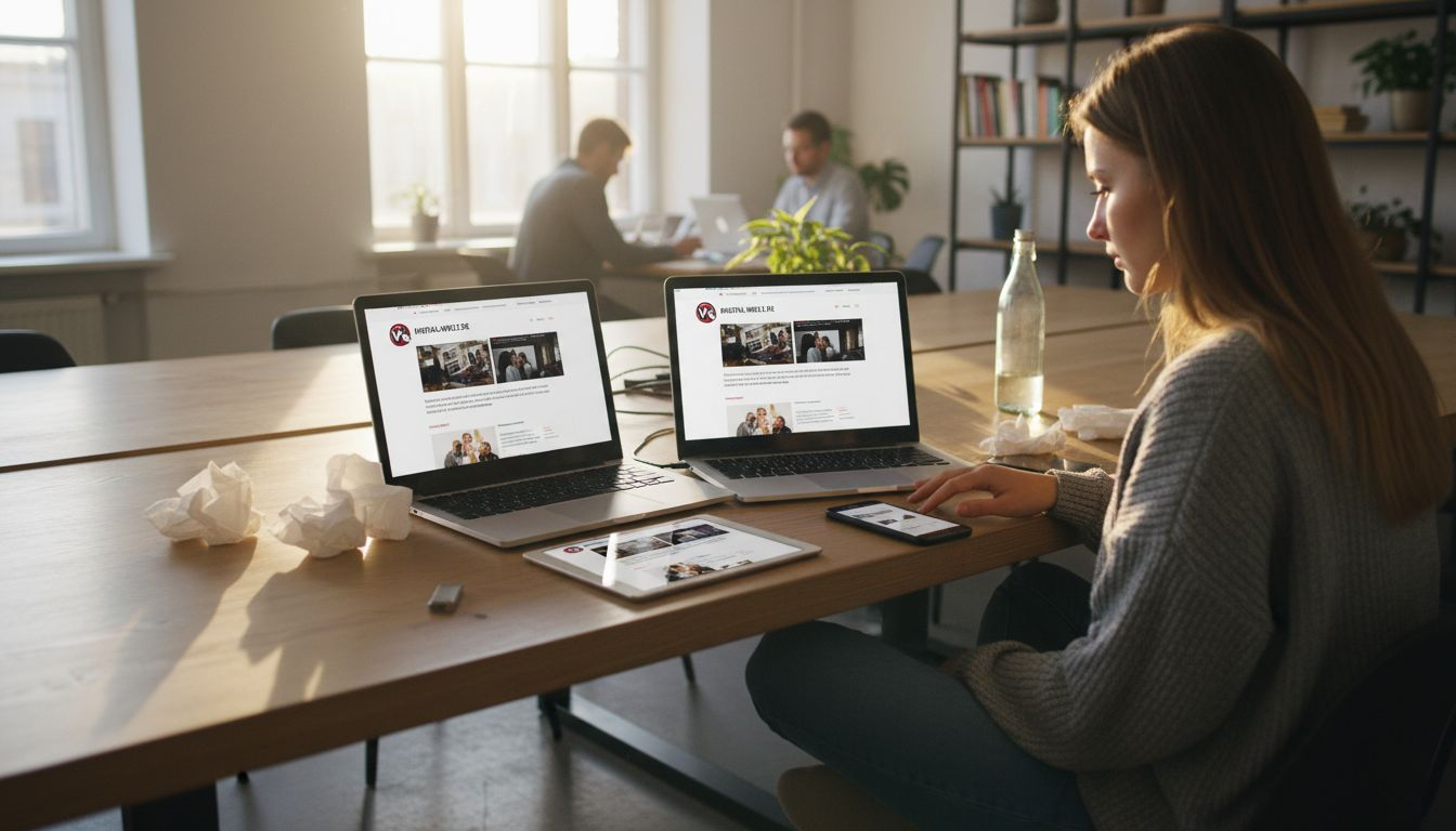 Eine Frau überprüft das responsive Design einer Website auf verschiedenen Endgeräten.