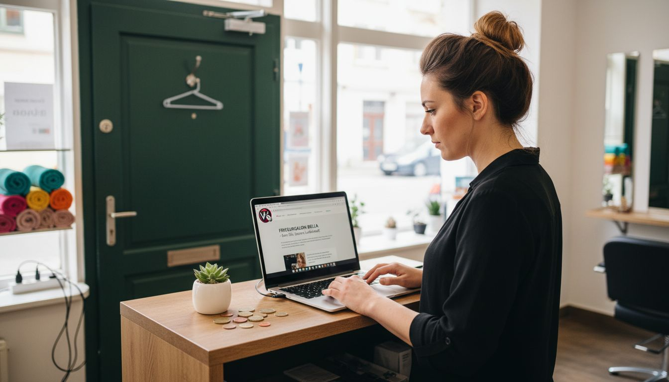 Salonbesitzerin nimmt ihre neu gestaltete Firmenwebsite genau unter die Lupe.