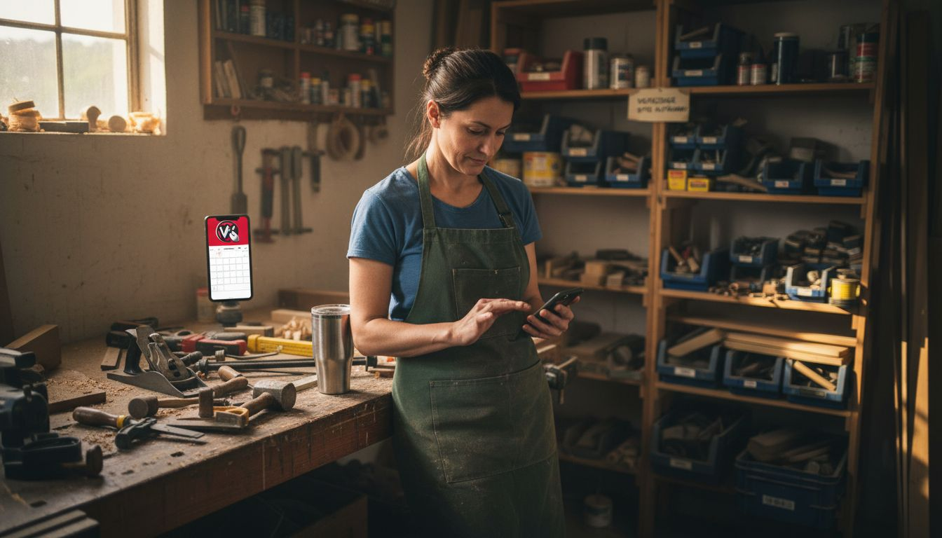 Handwerkerin scrollt am Smartphone, während sie in ihrer vollgepackten Werkstatt steht.