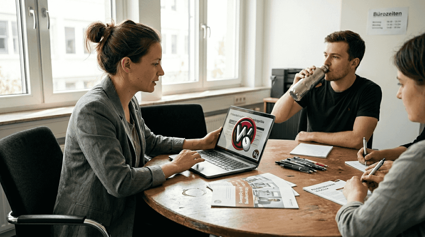 Eine Geschäftsfrau präsentiert ein neues Produkt, während ihre Kollegen gespannt zuhören.