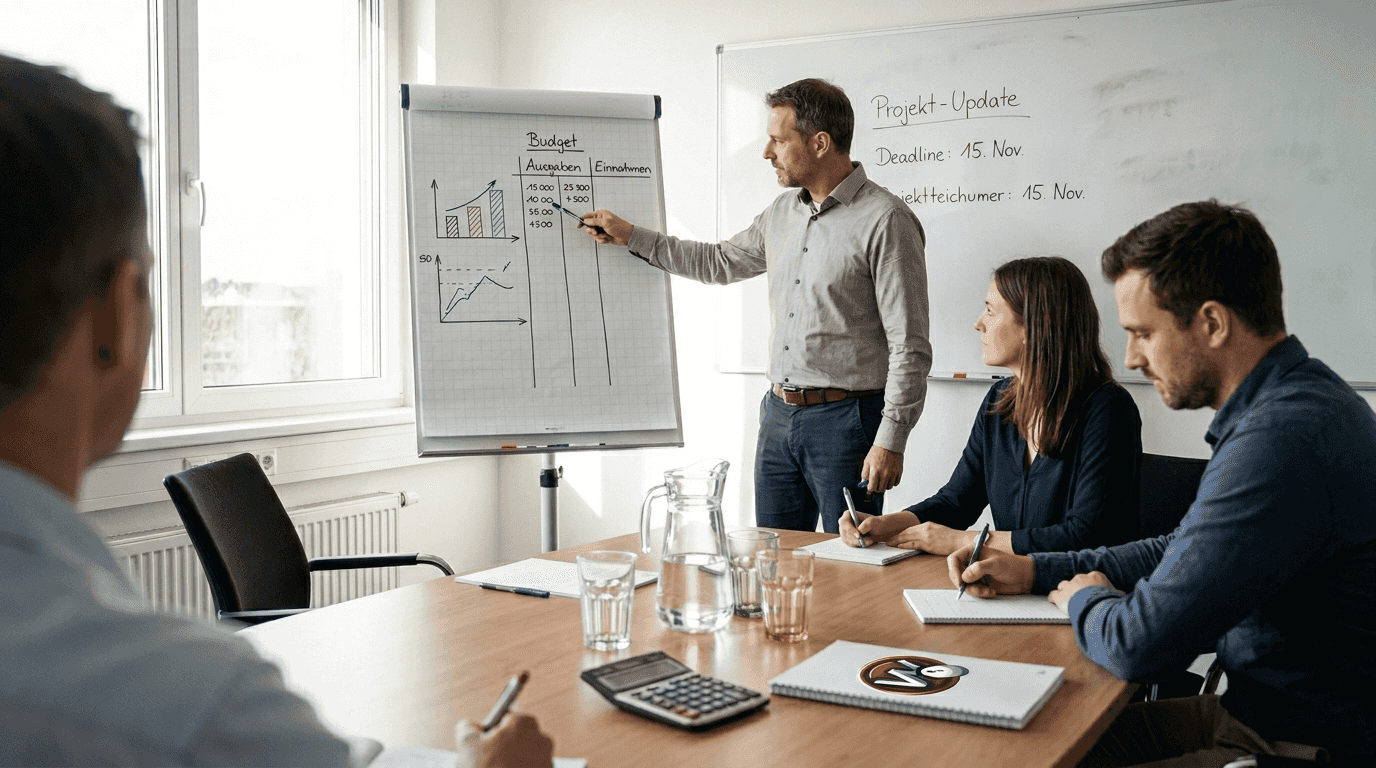 Der Manager stellt im Meeting das Budget für das neue Webdesign vor.