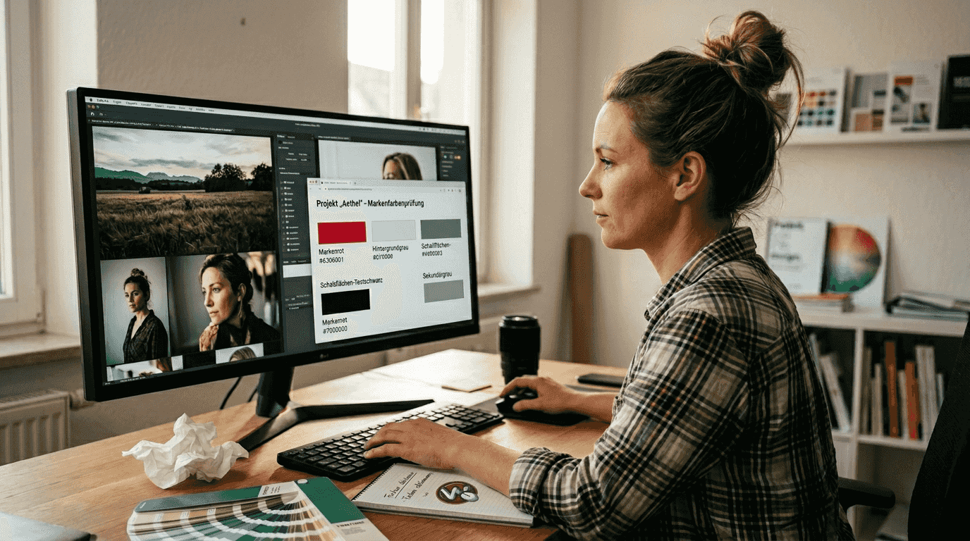 Am Schreibtisch begutachtet die Designerin sorgfältig die Farbabstimmung ihrer Bilder.