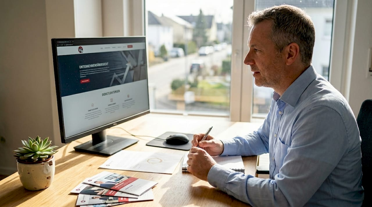 Ein Mann sitzt am Schreibtisch und informiert sich auf der Unternehmenswebsite.