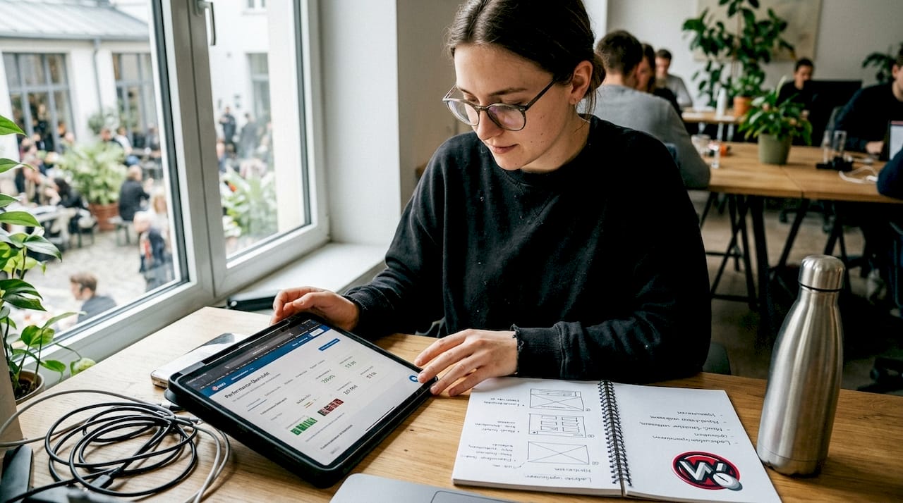 Eine Webdesignerin prüft die Funktionalität einer Website auf dem Tablet.