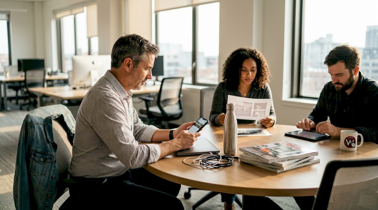 Ein Team prüft das Geschäftskonzept gemeinsam auf ihren Smartphones.