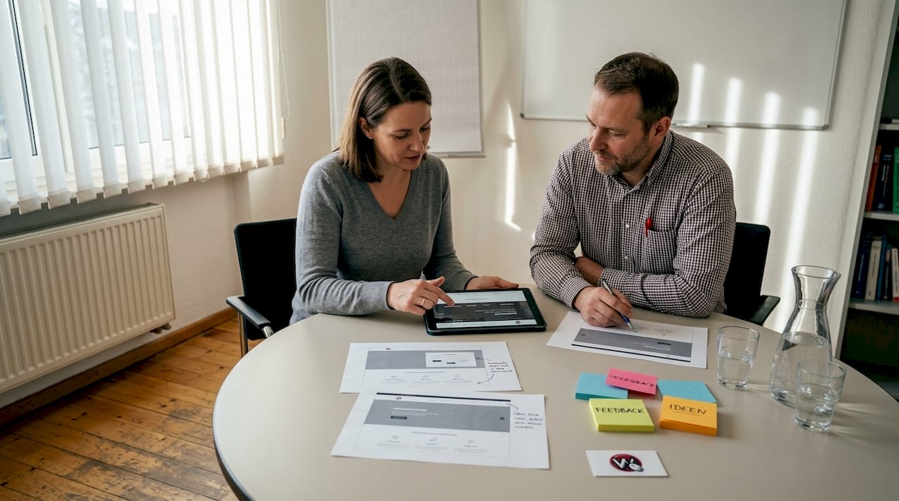 Ein Team prüft gemeinsam eine moderne, minimalistisch gestaltete Unternehmenswebsite.
