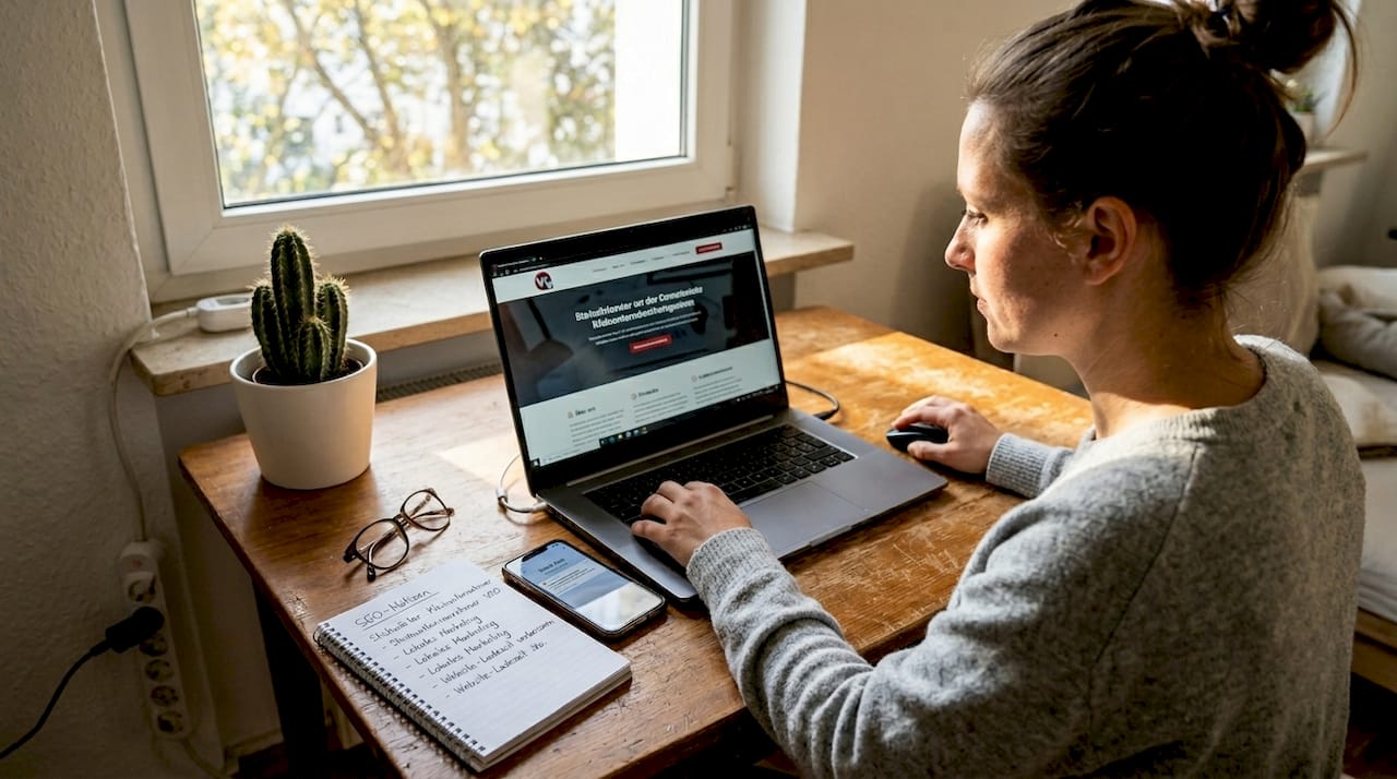 Eine Unternehmerin prüft die frisch gestaltete Website auf ihrem Laptop.