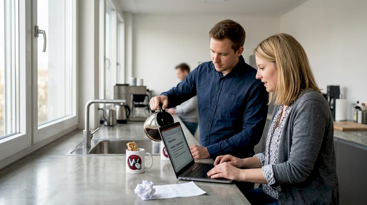 In der Teeküche tauschen sich Kolleginnen und Kollegen aus und arbeiten gemeinsam an Projekten.