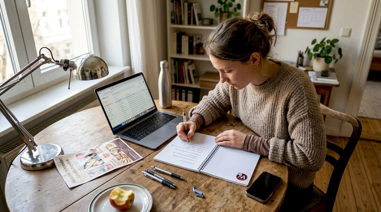 Eine Inhaberin eines kleinen Unternehmens sitzt am Küchentisch und erstellt das Briefing für ihr neues Design.