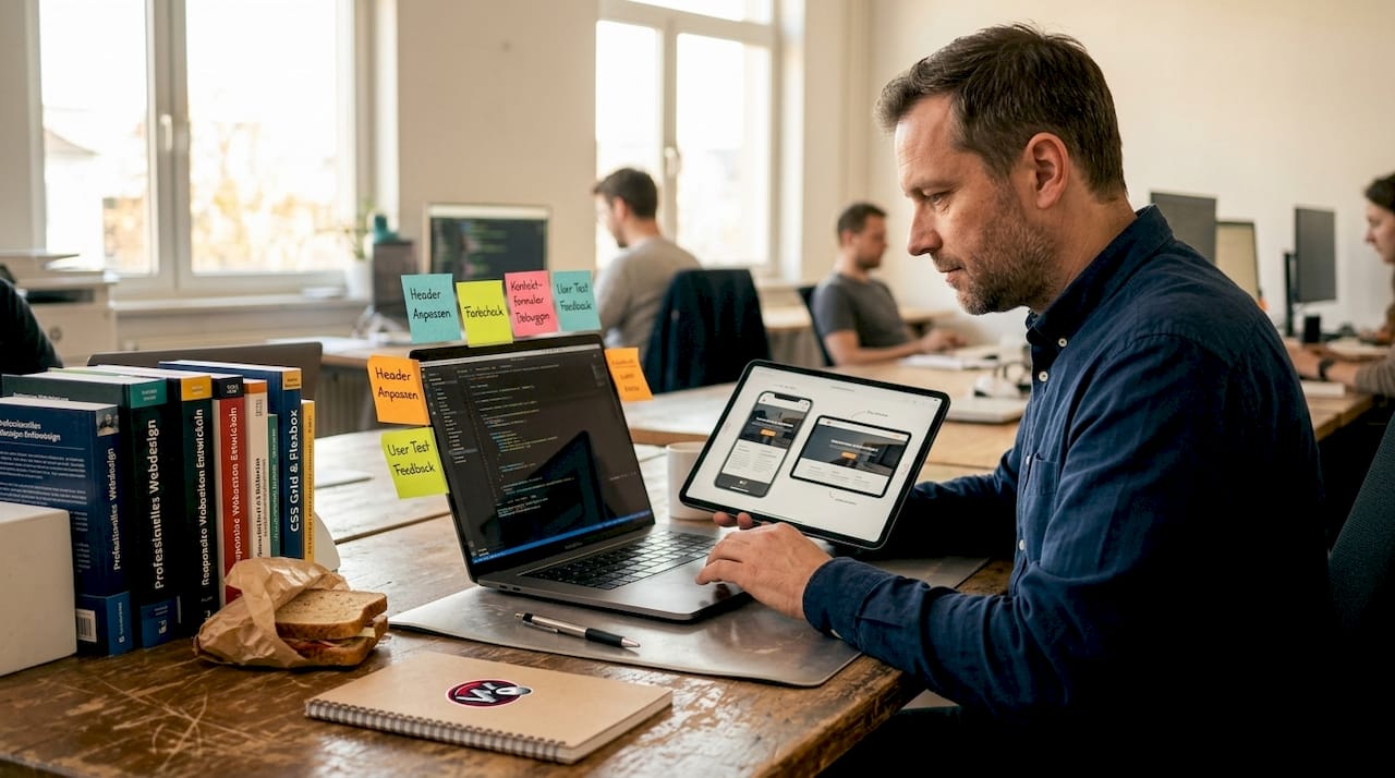 Ein Webdesigner überprüft die Benutzerfreundlichkeit einer Webseite.