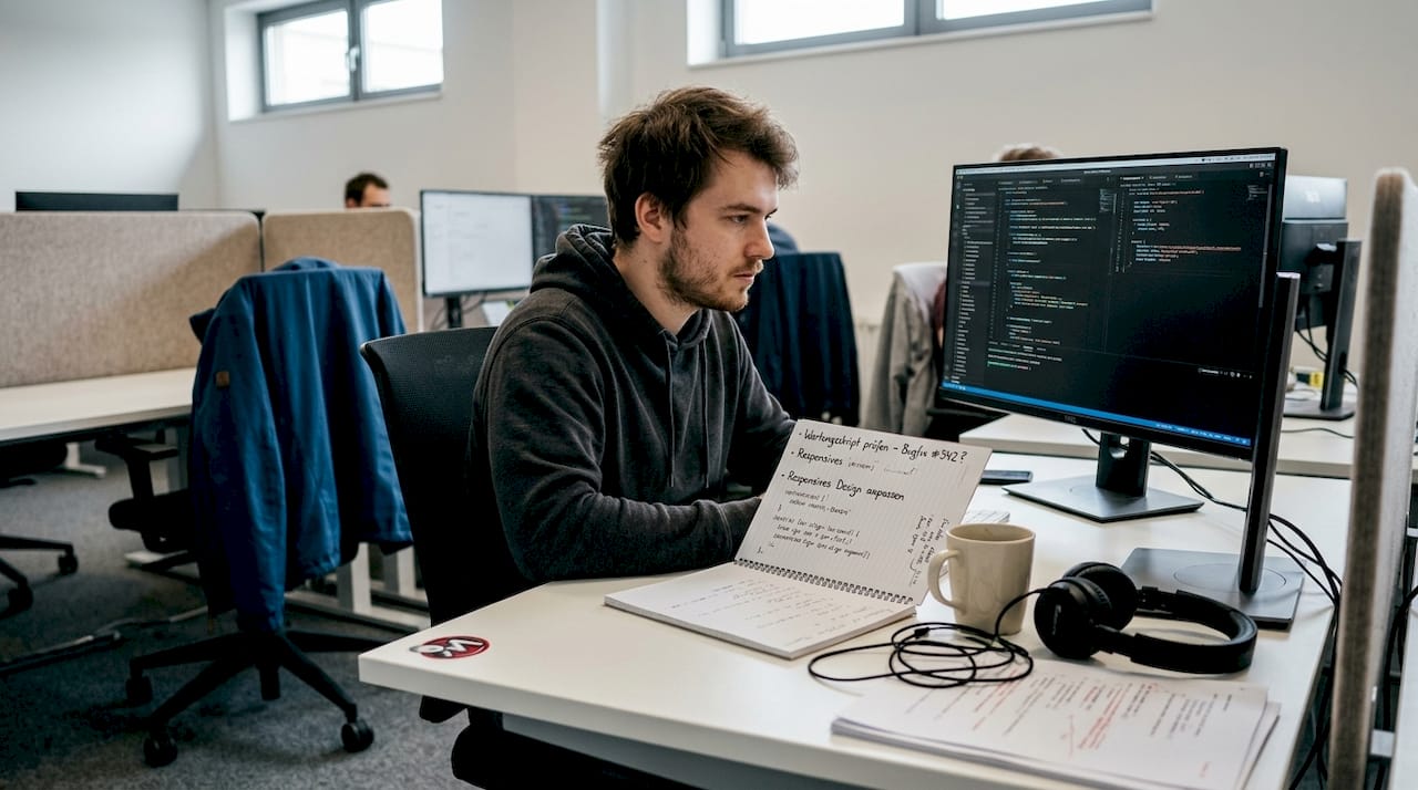 Ein Webentwickler sitzt am Schreibtisch und arbeitet am Computer an seinem Code.