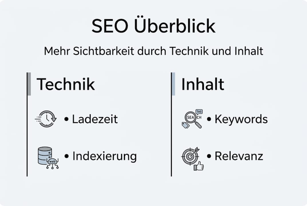 SEO im Überblick: Infografik zu technischen Aspekten und Content-Strategien
